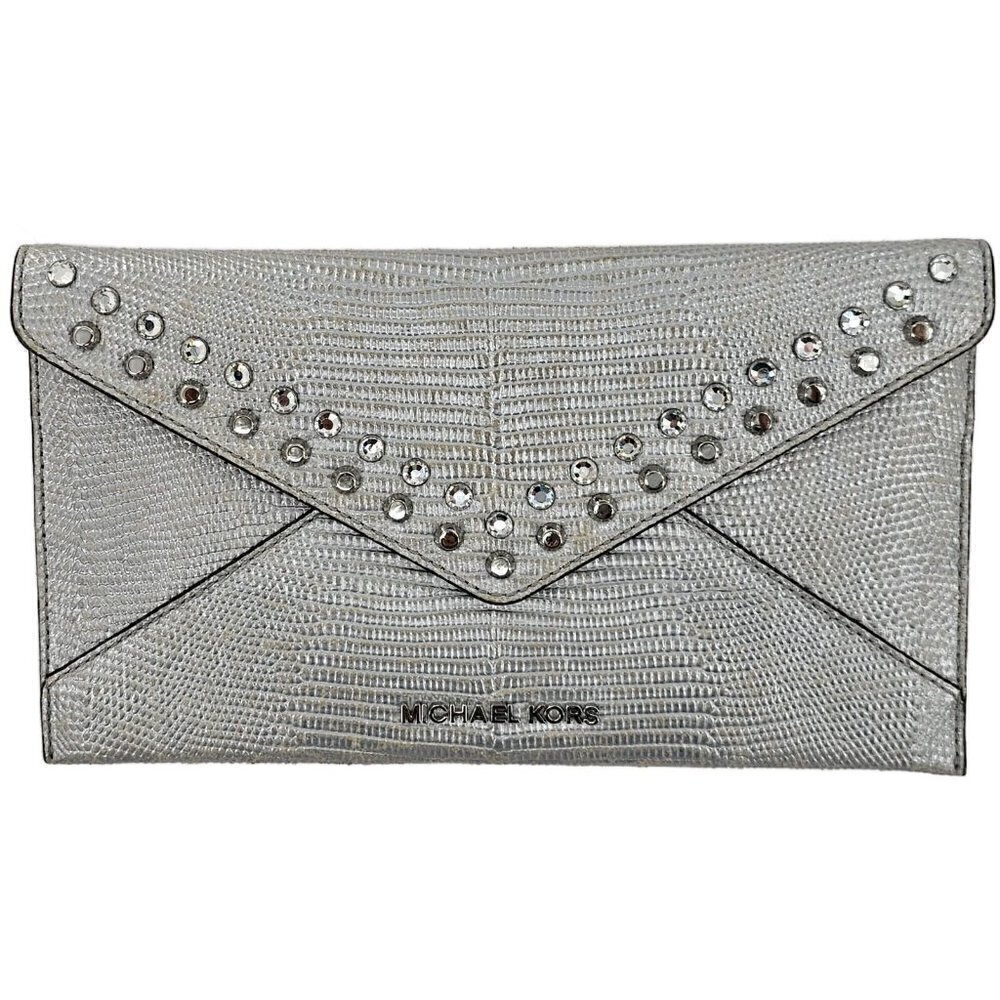 MICHAEL KORS Silver Snake Skin Embossed Jeweled Jet Set Travel Envelope Clutch